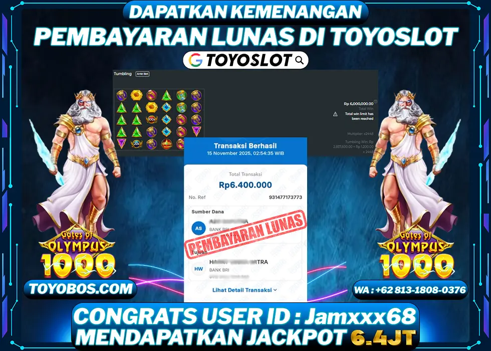 TOYOSLOT - BUKTI KEMENANGAN MAXWIN Gates of Olympus 1000 Rp6,400,000,- LUNAS